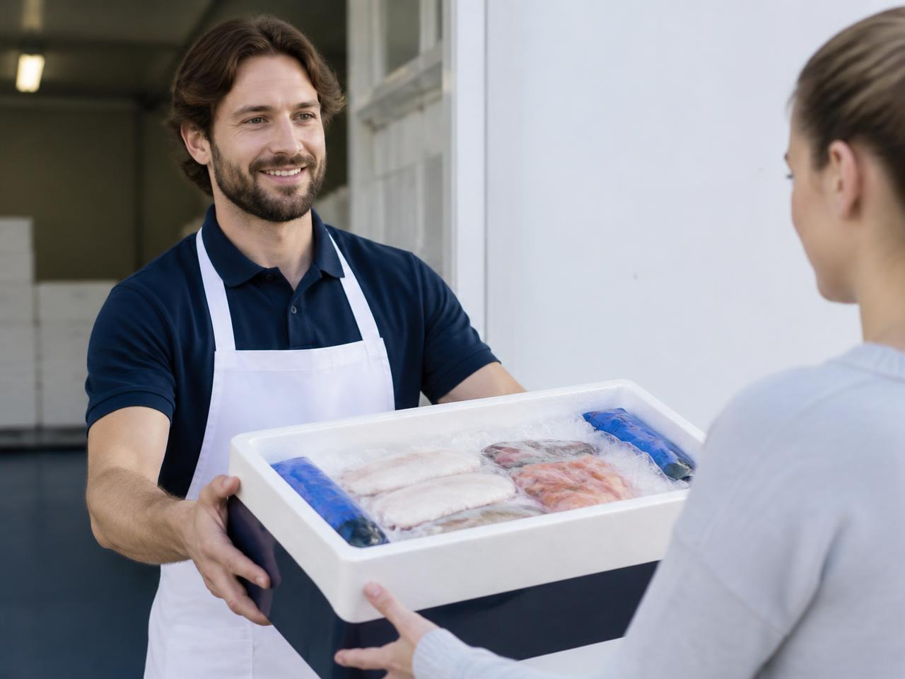 Villa Seafood order handed over in an insulated delivery box